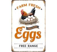 JIUFOTK Farm Fresh Eggs Tin Sign Chicken Coop Metal Signs Funny Hanging Plaque For Hen House Outdoor Rustic Decoration Vintage Chick Inn Accessories Garden Yard Fence Home Decor