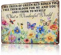 JIUFOTK Flower Metal Tin Sign What A Wonderful World I See Trees of Green Red Roses Too Vintage Garden Signs Wall Art Decoration Funny Flowers Girl Tin Signs Decor 8x12 Inch