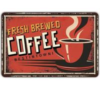 JIUFOTK Fresh Brewed Coffee Tin Sign Vintage Cup of Coffee on Red Background Vintage Metal Tin Signs for Men Women Wall Art Decor for Home Bars Clubs Cafes 8x12 Inch