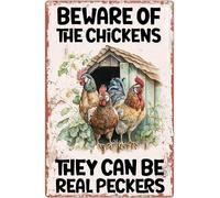 JIUFOTK Funny Chicken Sign Beware of The Chickens They Can Be Real Peckers Metal Tin Signs Rustic Chicken Coop Decor Chicken Gifts for Chicken Ownerses