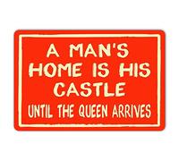 JIUFOTK Funny Metal Sign A Mans Home is His Castle Until The Queen Arrives Retro Metal Tin Sign Vintage for Home Garage Man Cave Wall Decor