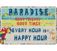JIUFOTK Funny Metal Sign Beach Parrot Paradise Happy Hour Vintage Decor Home Kitchen Bar Cafe Club Cave Wall Decor Retro Tin Sign 8x12 Inch