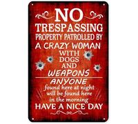JIUFOTK Funny No Trespassing Signs Private Property Yard Sign Beware Of Dog Warning Metal Tin Signs For House Door Home Protected Sign Gift For Women Men