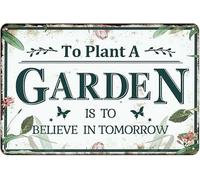 JIUFOTK Gardening Sign for Outside - to Plant A Garden is to Believe Tomorrow, Vintage Metal Tin Signs for Patio, Garden, Farmhouse, Porch Wall Decor Art, Gifts for Women Planter, 8x12 Inch