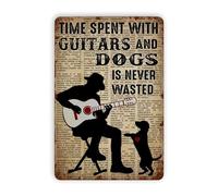 JIUFOTK Guitar Metal Tin Sign, Time Spent On Guitar and Dog Will Never Waste Aluminum Metal Fun Bathroom Vintage Tin Signs Office Bar Sign Decor Cafe Wall Decoration Art