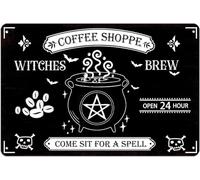 JIUFOTK Halloween Coffee Shoppe Witches Brew Metal Come Sit For A Spell Sign Witch Coffee Shop Decor For Home Cafe Bar Kitchen Sign 12x16 Inch
