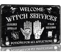 JIUFOTK Halloween Witch Metal Sign Welcome Witch Services Curses Spells Sign Vintage Witch Divination Palm Reading Decor Signs For Bedroom Prophecy Room Cafe Bar 8x12 Inch