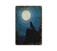 JIUFOTK Howling Wolf Wall Art Vintage Metal Tin - Black and Blue Wolf and Moon Decor for Bedroom, Office, Coffee Bar