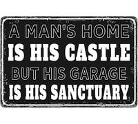JIUFOTK Man Cave Decor Vintage Garage Sign Funny Metal Tin Signs A Man's Home Is His Castle But His Garage Is His Sanctuary Sign Man Cave Wall Art Decor
