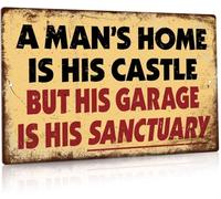 JIUFOTK Man Cave Wall Decor Garage Accessories For Men, Vintage Metal Tin Sign Garage Man Cave Wall Decor A Man's Home Is His Castle But His Garage Is His Sanctuary Sign