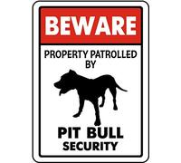 JIUFOTK Metal Sign Beware Property Patrolled By Pit Bull Security Tin Sign Aluminum Warning Sign for Home Coffee Bar Wall Decor Indoor/Outdoor Use 8x12 inch