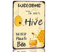 JIUFOTK Metal Tin Sign Welcome to Our Hive The Best Place to Bee Sign Rustic Honey Bee Art Wall Decor for Home Farm Garden Restaurant Kitchen Garage Door Signs