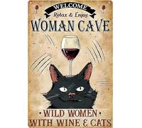 JIUFOTK Metal Welcome Sign - Relax & Enjoy Woman Cave Funny Black Cat Vintage Tin Aluminum Cat Lovers Retro Wall Decor for Home Bar Shop Cafe Pubs Club - 8x12 Inch
