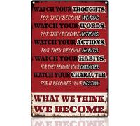 JIUFOTK Motivational Word Retro Wall Decor Metal Tin Sign 8x12 Inch What We Think We Become Inspirational Vintage Wall Art Poster for Home Coffee Cafes Bathroom Office Clubs Decor Gift
