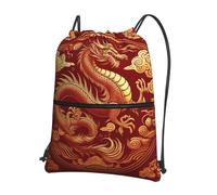 JIUFOTK Outdoor Chinese Dragon Flame Gold Casual Drawstring Backpack With Zipper Pocket, Drawstring Sports Bag For Gym And Daily Use
