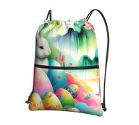JIUFOTK Outdoor Watercolor Easter Rabbit Eggs Casual Drawstring Backpack With Zipper Pocket, Drawstring Sports Bag For Gym And Daily Use