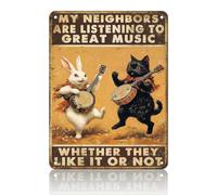 JIUFOTK Rabbit And Cat Metal Tin Sign My Neighbors Are Listening To Great Music Vintage Man Cave Decor Sign Funny Sarcasm Music Tin Signs Funny Wall Decor