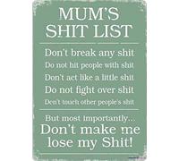 JIUFOTK Retro Metal Tin Sign Mum's Shit List Green Exterior Home Cave Garage Bar Wall Decoration Vintage Aluminum 8"x12"