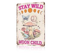 JIUFOTK Retro Mushroom Metal Sign Stay Wild Moon Child Sign Retro Mushroom Wall Decor for Home Living Room Man Cave Bar Garage Cafe Pub Club