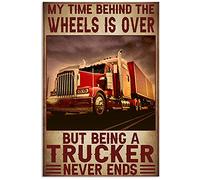 JIUFOTK Retro Red Truck Metal Signs My Time Behind The Wheels Is Over Posters Trucker Collectible Art Plaque Home Office Garage Wall Decor 12x16 Inches