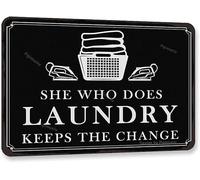 JIUFOTK She Who Does Laundry Keeps The Change Iron Vintage Look Decoration Crafts Sign for Home Living Room Bathroom Farmhosue Funny Wall Decor