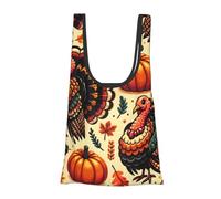 JIUFOTK Thanksgiving Turkey And Pumpkin Reusable Foldable Shopping Bag, Portable Grocery Bag For Daily Use