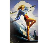 JIUFOTK Tin Metal Sign | Pin Up Girl Posing with Airplane | VIntage Retro Wall Decoration Garage Bar Room Restaurante Decor