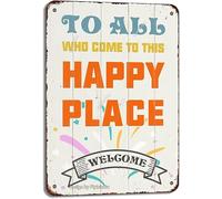 JIUFOTK To All Who Come To This Happy Place Welcome Iron Retro Look Decoration Crafts Sign for Home Kitchen Bathroom Farm Garden Funny Wall Decor