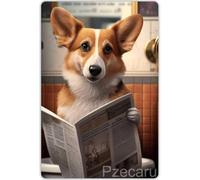 JIUFOTK Vintage Bathroom Art Tin Sign Corgi Is Reading Newspaper In Toilet Metal Poster Retro Plaque Wall Decor Gift For Garden Men Cave Garage Classroom Library Living Room Cinema 8x12 Inch