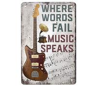 JIUFOTK Vintage Metal Guitar Tin Sign Where Words Fail Music Speaks Musical Bar Pub Cafe Wall Kitchen Bathroo Poster Karaoke Retro Decor Art