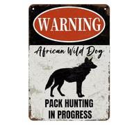 JIUFOTK Vintage Metal Sign African Wild Dog WARNING: PACK HUNTING IN PROGRESS Tin Sign Retro Wall Decor For Home Coffee Bar Funny Aluminum Sign 8x12 inch