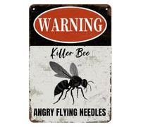 JIUFOTK Vintage Metal Sign Killer Bee WARNING:ANGRY FLYING NEEDLES Tin Sign Retro Wall Decor For Home Coffee Bar Funny Aluminum Sign 8x12 inch