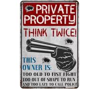 JIUFOTK Warning Private Property Think Twice Retro Metal Sign Home Kitchen Bar Cafe Yard Club Cave Wall Decor Vintage Tin Sign