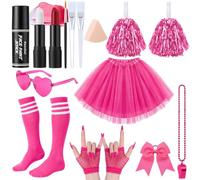 Jiuguva 15 Pcs Pink Team Spirit Accessories Girls Field Day Accessories | Field Camp Color War Assortment Items Bulk Cheerleading Pom Pom Face Body Paint Tutu Noisemaker for Sport