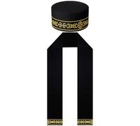 Jiuguva 2 Pcs African Kente Pattern Kufi Men Hat and Kente African Stole Sash for Black History, Black and Gold Color, One Size