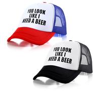 Jiuguva 2 Pieces Funny Trucker Cap You Look Like I Need A Beer Retro Baseball Cap Adjustable Mesh Adult Hat for The Oktoberfest German Beer Party, Black, Red With Navy, One size
