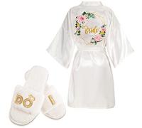 Jiuguva 3 Pieces Bridal Slippers Bridal Bridesmaids Party Short Satin Robes Wedding Bride Fuzzy I Do and I Do Crew Slippers Shoes, White, Pink