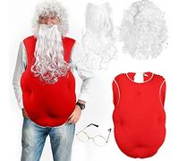 Jiuguva 4 Pcs Christmas Santa Costume Set, Oversized Santa Suit Red Belly Stuffer Padding Fat Belly Costume, Beard and Wig Set, Glasses for Adults