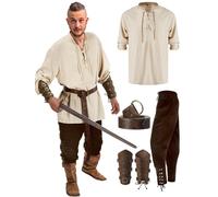 Jiuguva 4 Pcs Halloween Men's Renaissance Costume Set Medieval Pirate Shirt Ankle Banded Pants Viking Belt Accessories (Vintage Color,Large)