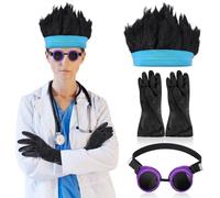 Jiuguva 4 Pcs Halloween Scientist Accessories Animated Lab Assistant Costume Black Goggles Long Gloves Blue Triangle Hat & DIY Antenna Twists for Halloween Cosplay Theme Parties