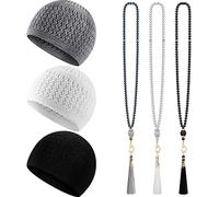 Jiuguva 6 Pieces Kufi Hats for Men Muslim and Prayer Beads Set Include 3 Handicraft Knitted Stretchy Taqiyah Cap and 3 Tasbih 99 Beads, Ramadan Gifts, Multicolor/White