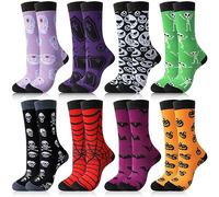 Jiuguva 8 Pairs Mens Halloween Socks Novelty Fun Holiday Ghost Skeleton Bats Spider Web Printed Crew Socks for Men Women, Multicolor, Medium