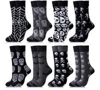 Jiuguva 8 Pairs Mens Halloween Socks Novelty Fun Holiday Ghost Skeleton Bats Spider Web Printed Crew Socks for Men Women, Black, Medium