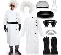 Jiuguva 9 Pcs Halloween Mad Scientist Costume for Adult Men Including Coat Belt Cup Gloves Goggles Wig Mustache Eyebrows