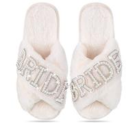 Jiuguva Bride Slippers for Wedding White Soft Womens Bridal Slippers Open Toe Slippers for Bridal and Bachelorette Party Gift, Creamy White, 7-8