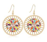 JIUIQL Bohemian Vintage Gold Round Flower Hollow Dangle Drop Earrings Colorful Floral Enamel Hook Earrings For Women, L, Metal, No Gemstone
