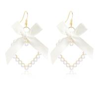 JIUIQL Handmade 14k Gold Sparkly Crystal Love Heart Dangle Drop Earrings Chic Lightweight Fabric Bow Pearl Hollow Hearts Hook Earrings For Women, M, Fabric, No Gemstone