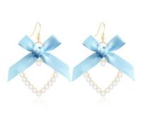 JIUIQL Handmade 14k Gold Sparkly Crystal Love Heart Dangle Drop Earrings Chic Lightweight Fabric Bow Pearl Hollow Hearts Hook Earrings For Women, M, Fabric, No Gemstone