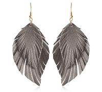 JIUIQL Handmade Bohemian Large Soft Genuine Leather Fringe Double Feather Lightweight Color PU Leaf Drop Dangle Earrings for Women Girls Fashion Jewelry Gifts, Leather, n/p