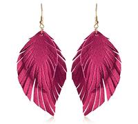 JIUIQL Handmade Bohemian Large Soft Genuine Leather Fringe Double Feather Lightweight Color PU Leaf Drop Dangle Earrings for Women Girls Fashion Jewelry Gifts, Leather, n/p